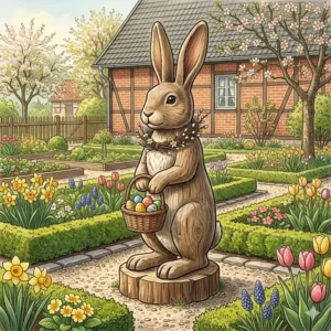Platzierung der gartendeko osterhasen holz groß im liebevoll gestalteten Frühlingsgarten.