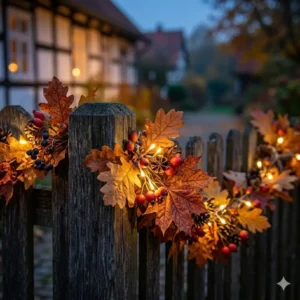 Eine beleuchtete gartendeko herbstlaub girlande außen sorgt für Licht im Garten.