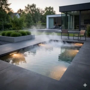 Clean, modern garden pond with subtle mist, demonstrating a minimalist "gartendeko nebelmaschine teich" design idea.