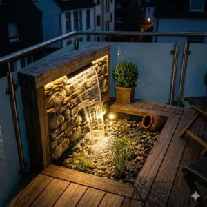 Platzsparende Gartendeko Wasserfall Terrassen mit Miniteich für schmale Balkone.
