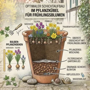 Richtiger Schichtaufbau und Drainage für gesunde gartendeko frühlingsblumen kübel ohne Staunässe.