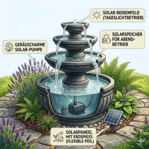Optische Darstellung einer gartendeko wasserspiel mit pumpe und behälter in natürlicher Stein-Ästhetik.