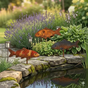 Rost-Optik Design für gartendeko fischfiguren teichdeko im Blumenbeet.
