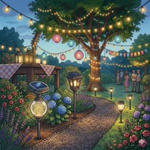 Moderne Solarleuchten am Gartenweg für die passende Beleuchtung der Sommerparty.