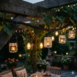 Hängende Gläser mit Kerzen im Baum als romantische Gartendeko Beleuchtung zur Sommerparty.