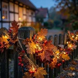 Klassische gartendeko herbstlaub girlande außen befestigt an einem rustikalen Gartenzaun.
