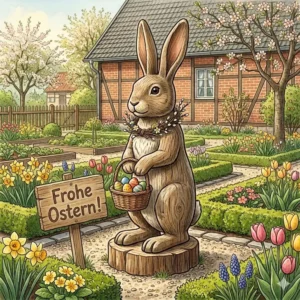 Die gartendeko osterhasen holz groß als zentraler Blickfang im österlichen Garten.
