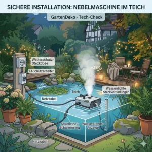 Comprehensive illustrative guide to the safe electrical installation and placement of a "gartendeko nebelmaschine teich" unit in a German garden.