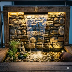 Indirekt beleuchteter Gartendeko Wasserfall Terrassen auf einer Holzterrasse bei Nacht.