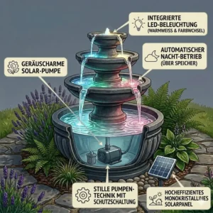 Stimmungsvolle Abendbeleuchtung integriert in eine gartendeko wasserspiel mit pumpe und behälter.