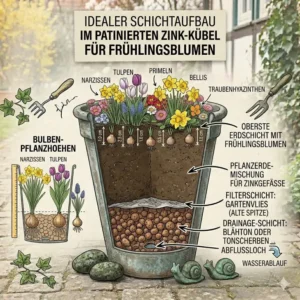 Rustikale gartendeko frühlingsblumen kübel im Vintage-Look mit Zinkwannen und Holzkisten.