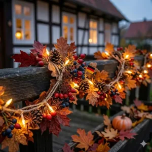 Die gartendeko herbstlaub girlande außen als farbenfroher Akzent am Balkongeländer.