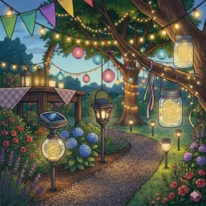 Selbstgemachte Einmachgläser mit Lichterketten für die kreative Sommerparty Beleuchtung im Garten.
