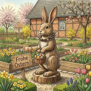 Nahansicht der gartendeko osterhasen holz groß vor rustikaler Gartenkulisse.
