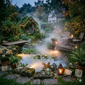 An enchanted, fairy tale pond with thick natural-looking mist and fairy lights, featuring "gartendeko nebelmaschine teich" effects.