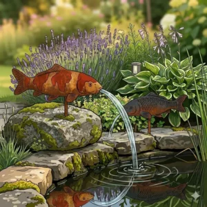 Einzigartiger Wasserspeier im Stil gartendeko fischfiguren teichdeko mit Wasserlauf.