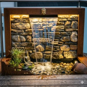 Asiatische Gartendeko Wasserfall Terrassen mit Buddha-Statue und Zen-Garten-Ambiente.