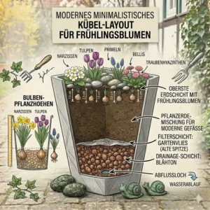 Moderne und minimalistische gartendeko frühlingsblumen kübel in eleganten Betonpflanzern.