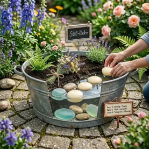 Dekoratives Shabby-Chic Design einer gartendeko zinkwanne bepflanzen wasserspiel mit Natursteinen.