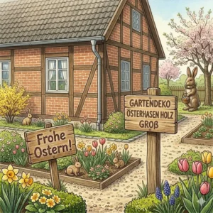 Dekorativer Hauseingang mit gartendeko osterhasen holz groß für eine festliche Stimmung.