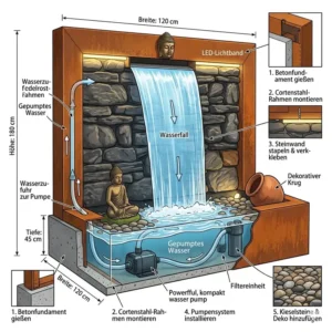 Moderner Gartendeko Wasserfall Terrassen aus Cortenstahl mit edelrost-Optik.