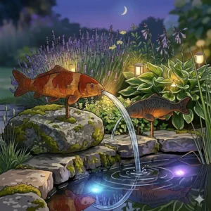 Stimmungsvolle Abendbeleuchtung für gartendeko fischfiguren teichdeko im Garten.