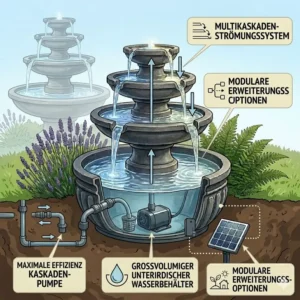 Darstellung des Wasserdurchlaufs bei einer kaskadenförmigen gartendeko wasserspiel mit pumpe und behälter.