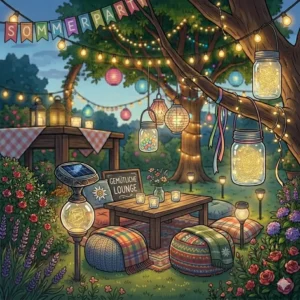Gemütliche Lounge-Ecke im Garten mit warmer Beleuchtung und Sommerparty Deko.