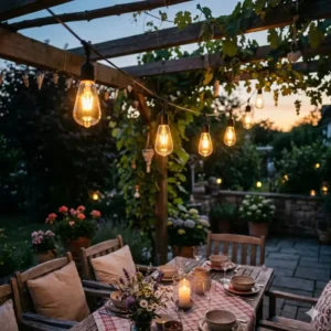 Rustikale Edison Glühbirnen über der Terrasse als stylische Gartendeko Beleuchtung für die Sommerparty.