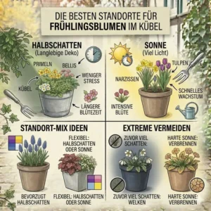 Infografik zu Pflegetipps und optimalem Standort für gartendeko frühlingsblumen kübel.