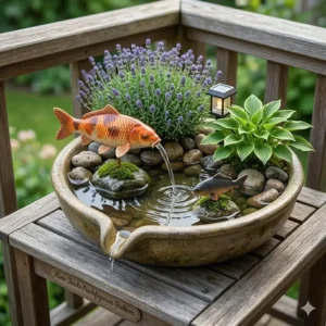 Kleiner Balkon-Miniteich mit gartendeko fischfiguren teichdeko in einer Schale.