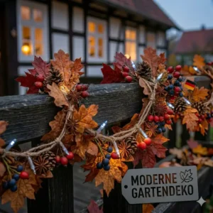 Moderne und schlichte gartendeko herbstlaub girlande außen vor einer minimalistischen Wand.