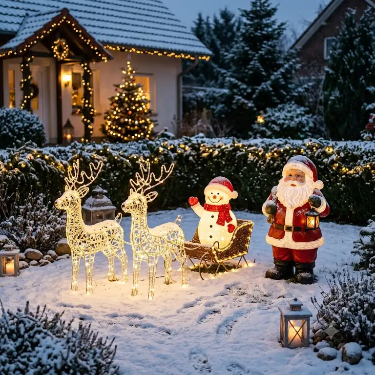 Beleuchtete gartendeko wetterfest weihnachtsfiguren wie Rentiere und Schneemänner im verschneiten Vorgarten
