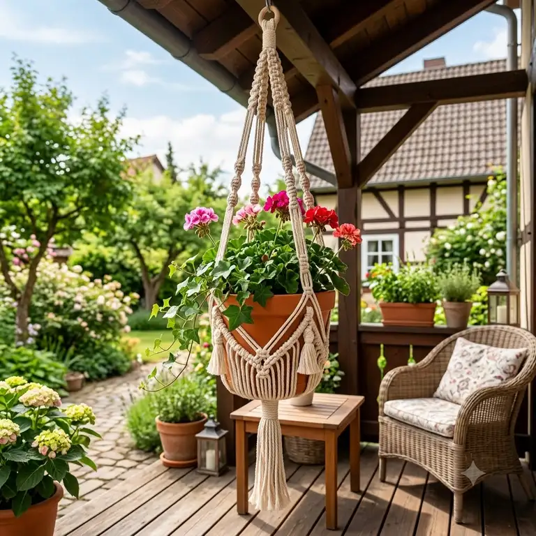 Boho-style gartendeko makramee hängedeko outdoor on a cozy terrace.