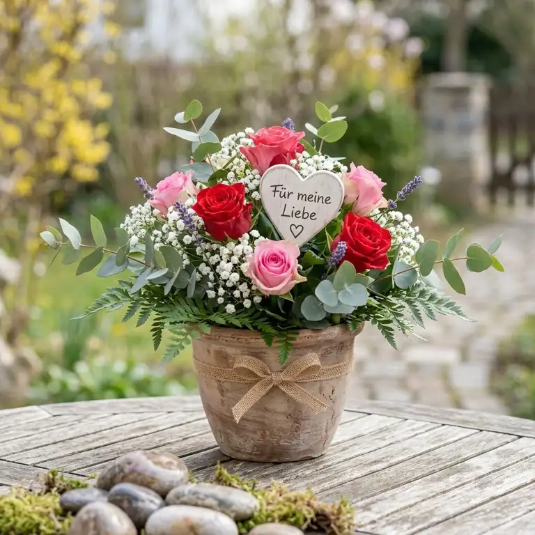 Ein wunderschönes gartendeko valentinstag blumen arrangement in Herzform auf einem Holztisch für eine romantische Atmosphäre