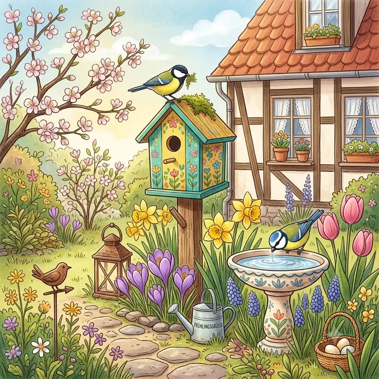 Bunte Gartendeko im Frühling mit kleinen Vögeln und Frühlingsblumen im Garten.