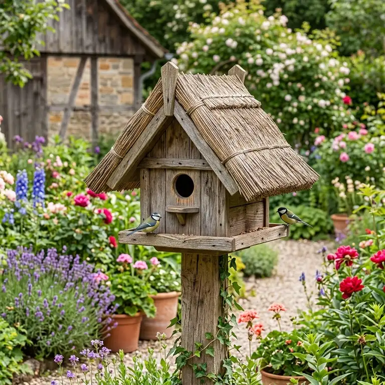High-quality image of a gartendeko vogelhaus rustikal rohrdach standing in a beautiful garden.