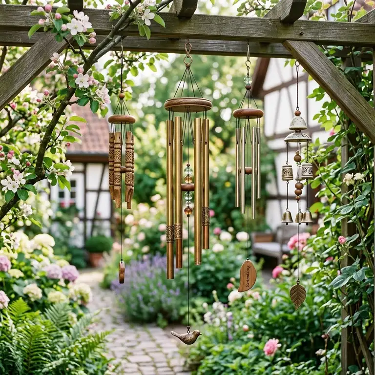 Dekorative, klangschöne Windspiele im Garten hängend für eine entspannte Atmosphäre.gartendeko windspiele klangschön
