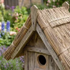 A detailed close-up shot focusing on the roof texture of the gartendeko vogelhaus rustikal rohrdach.
