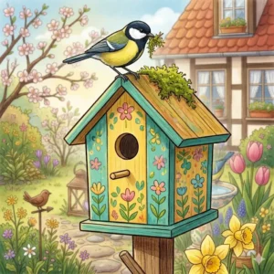 Illustration von einem bunten Nistkasten als Gartendeko im Frühling.