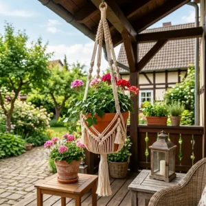 Weatherproof macrame plant hanger, a perfect gartendeko makramee hängedeko outdoor with a green plant.