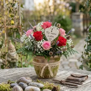 Romantischer Vintage-Stil im Garten mit einem eleganten gartendeko valentinstag blumen arrangement in einer alten Zinkwanne.