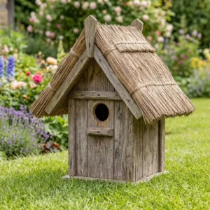 A gartendeko vogelhaus rustikal rohrdach placed nicely on a green garden lawn.