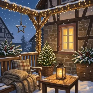 Gemütliche Terrasse mit einer Holzbank, Decken, Laternen und gartendeko winterlich lichterketten warmweiß.