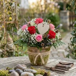 Schritt-für-Schritt-Anleitung für ein kreatives DIY gartendeko valentinstag blumen arrangement zum Selbermachen.