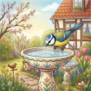 Gezeichnete Vogeltränke umgeben von Frühlingsblumen für die perfekte Gartendeko.