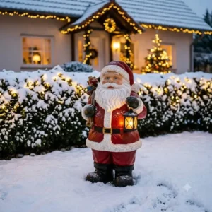 Ein detaillierter Weihnachtsmann aus Polyresin als gartendeko wetterfest weihnachtsfiguren vor einer beleuchteten Hecke