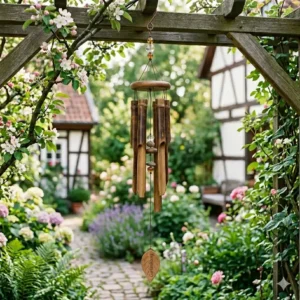 Natürliches Bambus-Windspiel als Gartendeko für warme, klangschöne Töne.