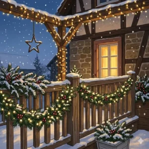 Ein Balkongeländer dekoriert mit Tannengrün, roten Beeren und gartendeko winterlich lichterketten warmweiß.