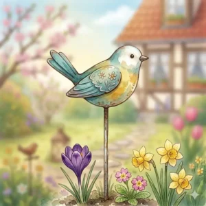 Dekorative Gartenstecker aus Metall mit Vogel-Motiven für das Beet im Frühling.